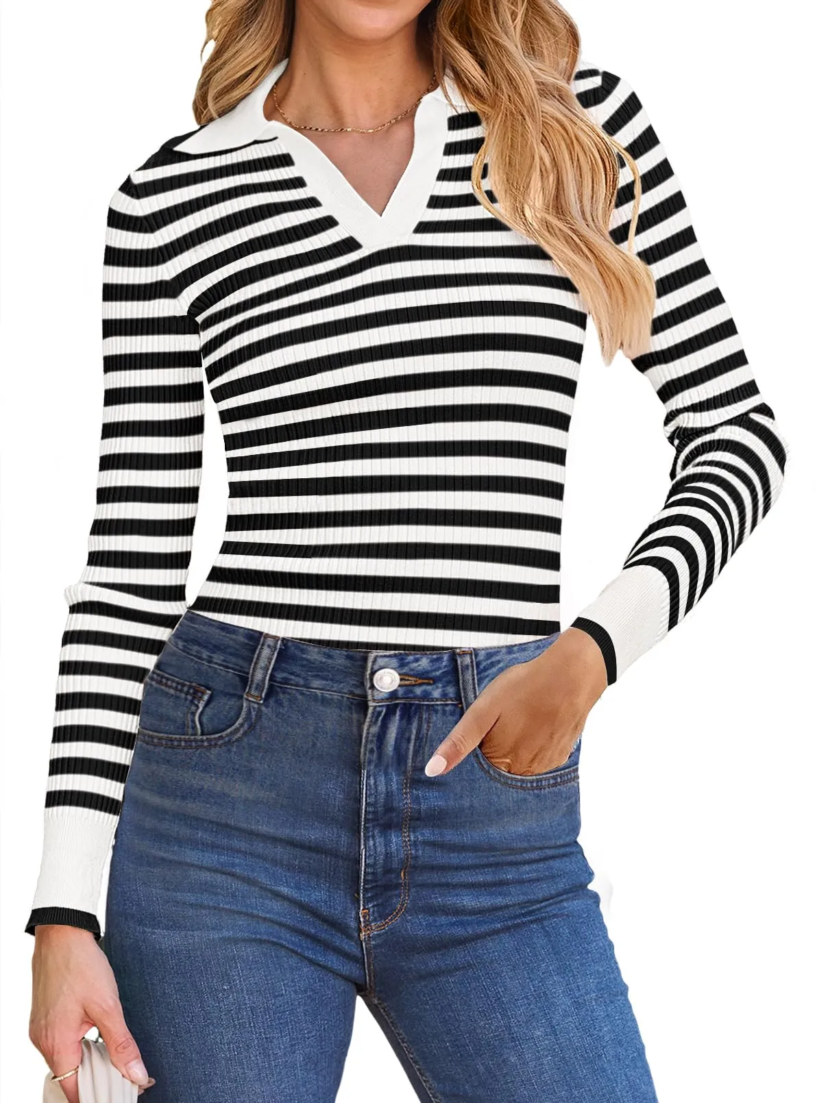 MEROKEETY Long Sleeve Polo V Neck Striped Fitted Ribbed Knit Top