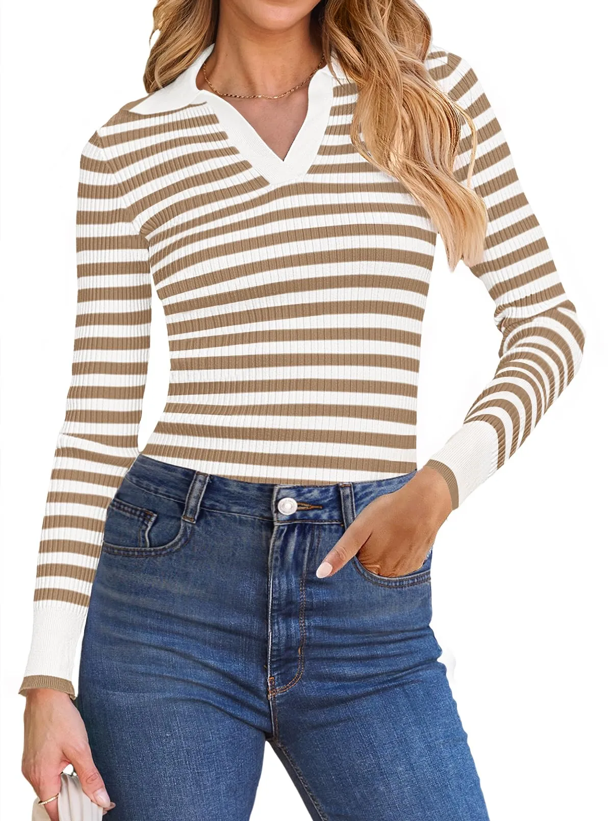 MEROKEETY Long Sleeve Polo V Neck Striped Fitted Ribbed Knit Top