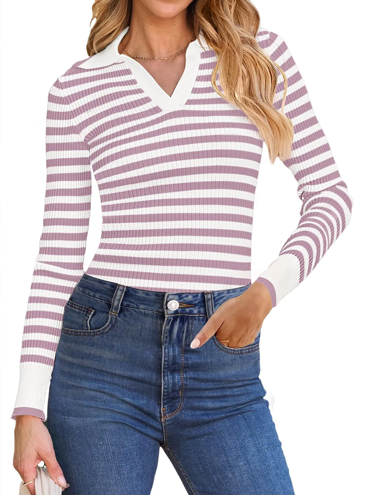 MEROKEETY Long Sleeve Polo V Neck Striped Fitted Ribbed Knit Top