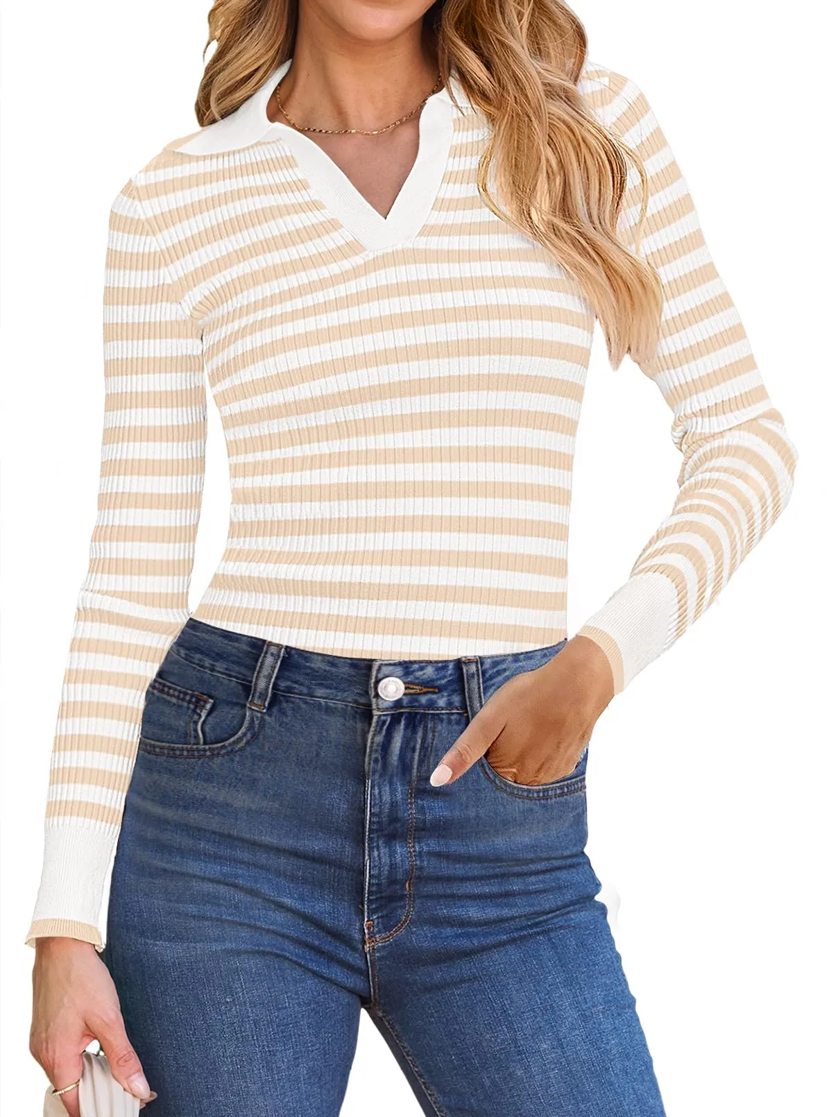 MEROKEETY Long Sleeve Polo V Neck Striped Fitted Ribbed Knit Top