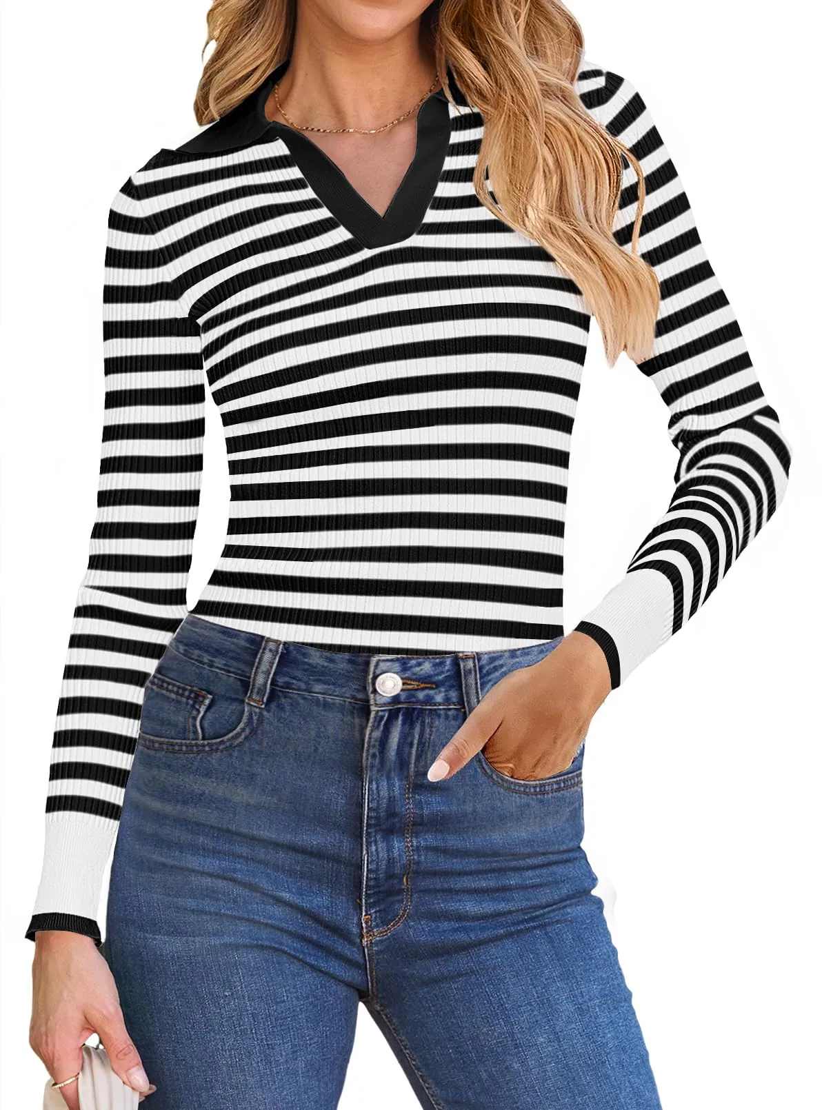 MEROKEETY Long Sleeve Polo V Neck Striped Fitted Ribbed Knit Top