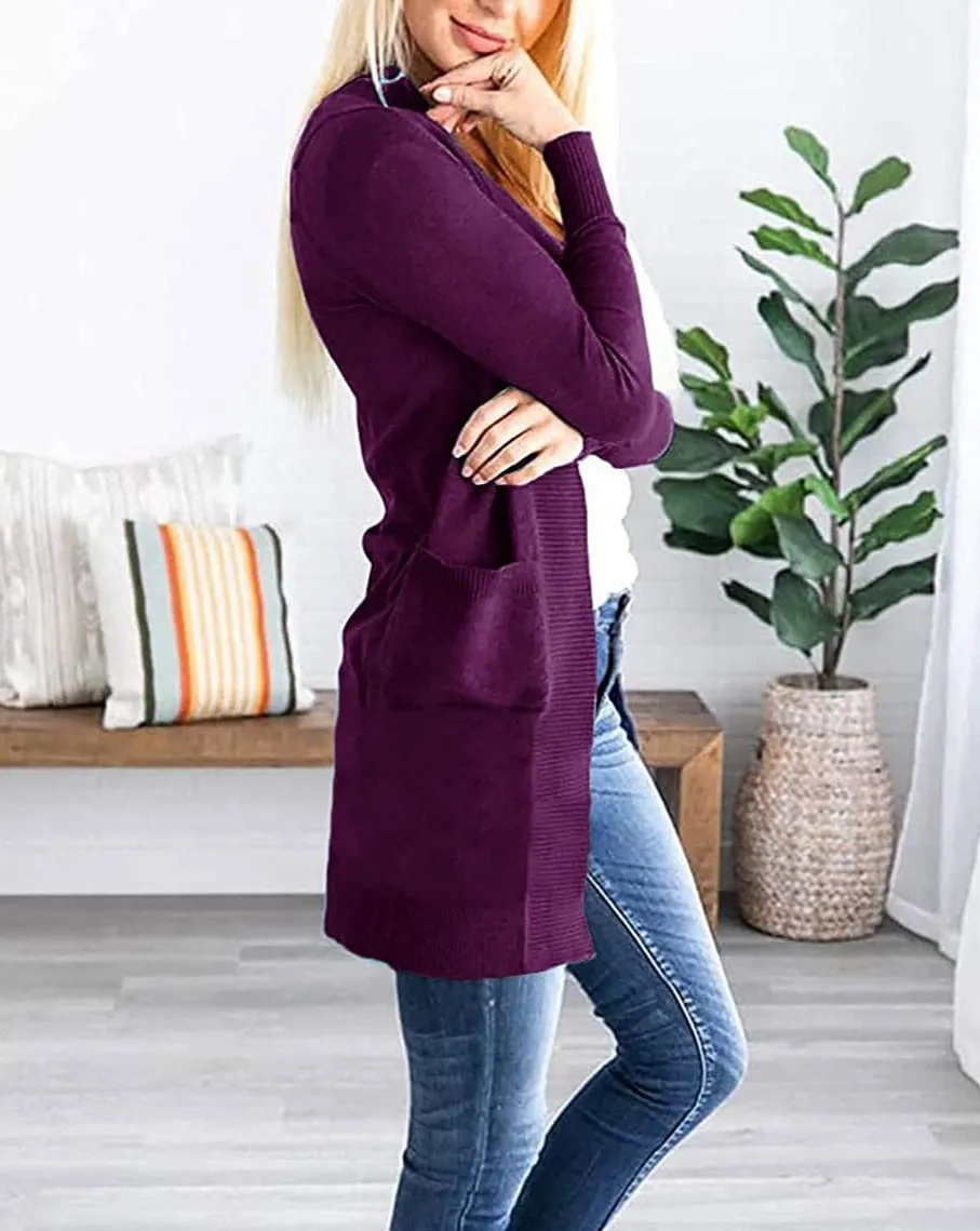 MEROKEETY Open Front Ribbed Knit Cardigan