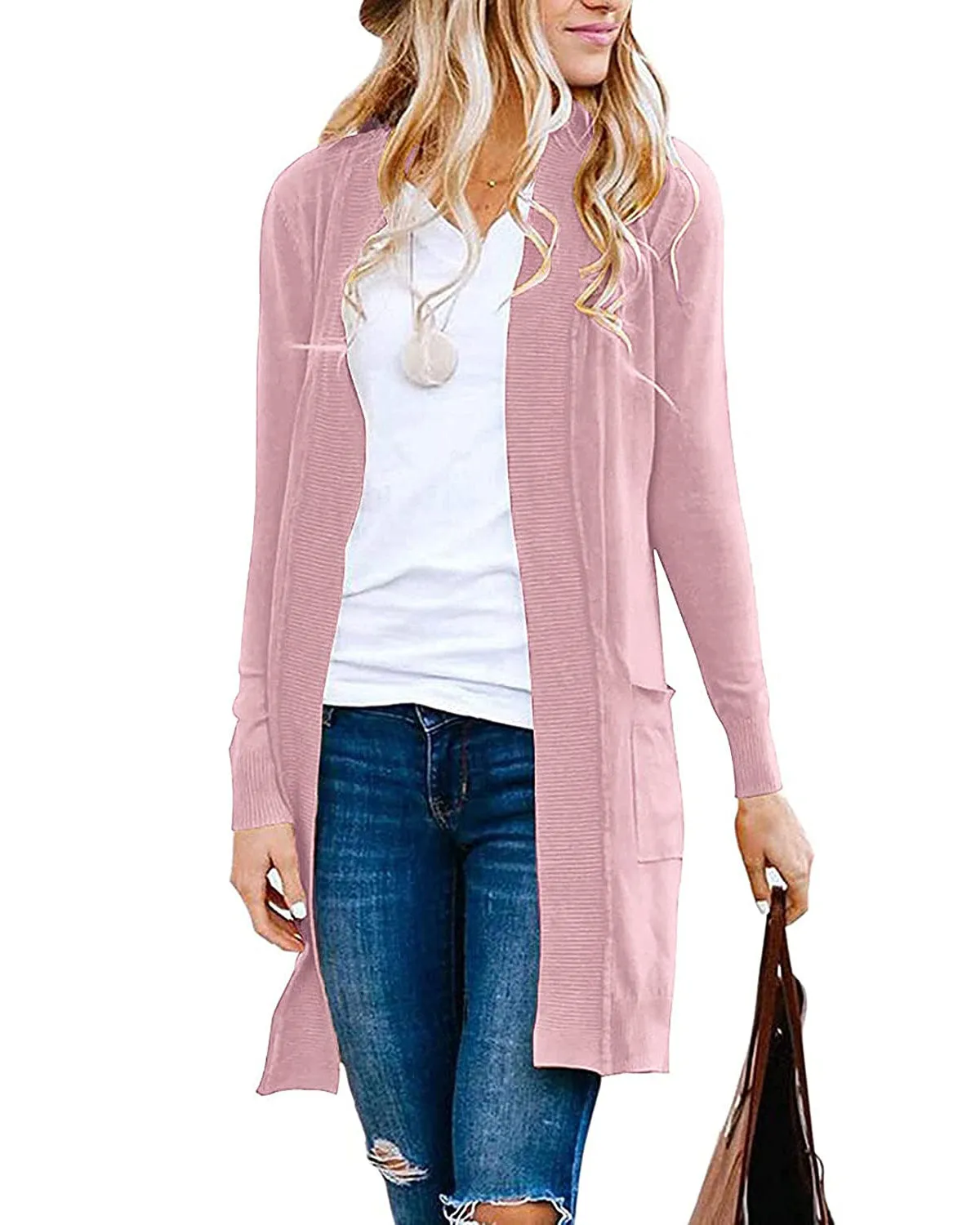 MEROKEETY Open Front Ribbed Knit Cardigan