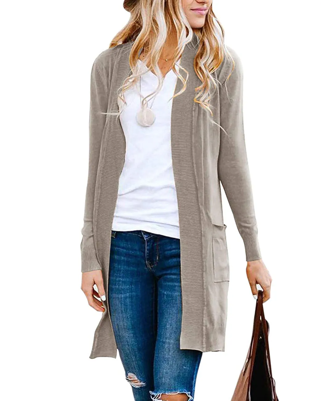 MEROKEETY Open Front Ribbed Knit Cardigan