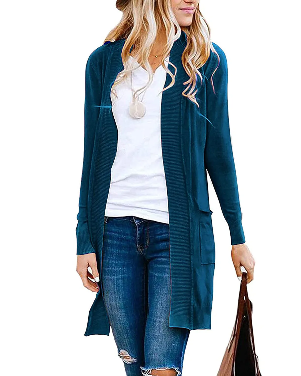 MEROKEETY Open Front Ribbed Knit Cardigan