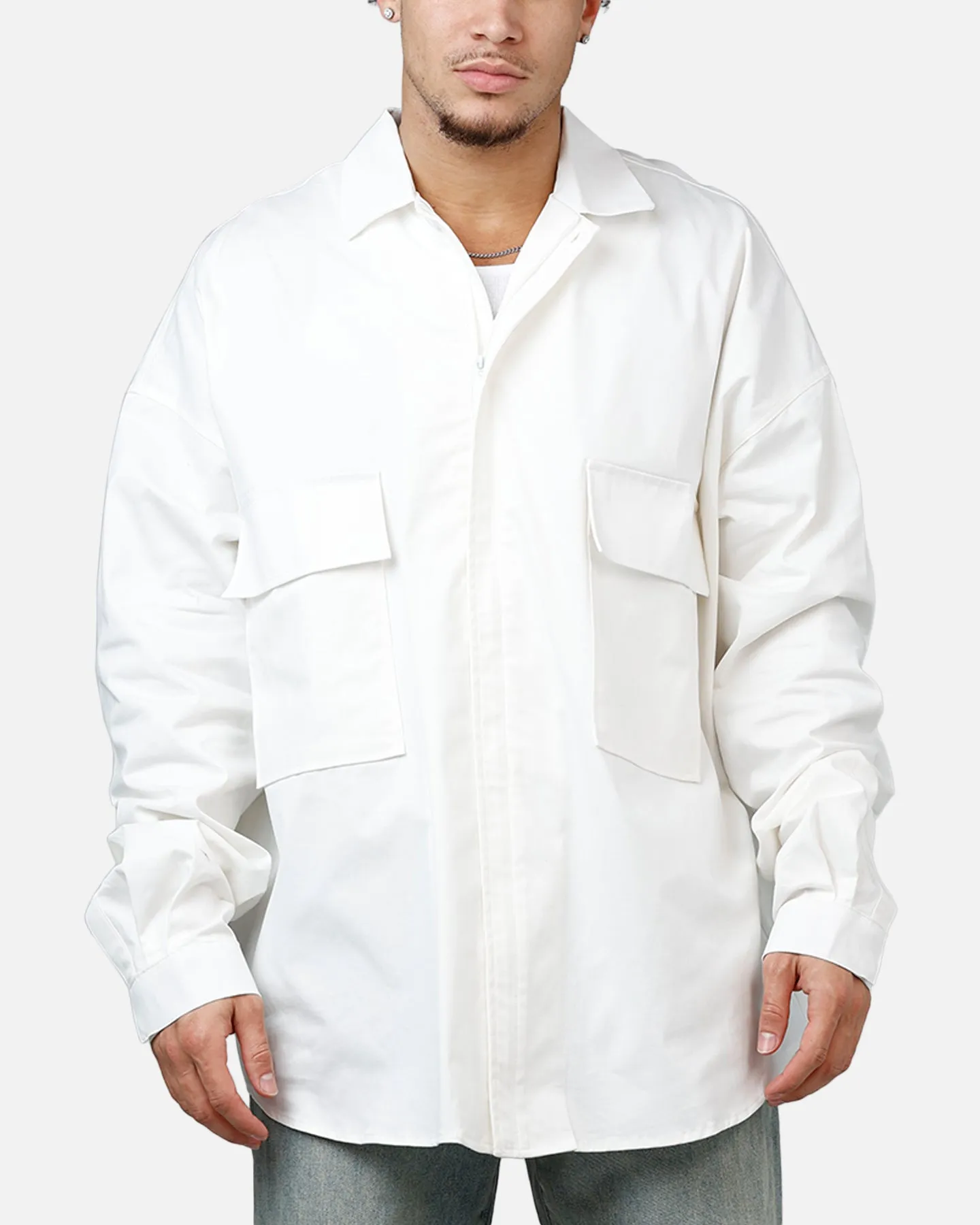 MNML Oversized Cotton Button Up Shirt White