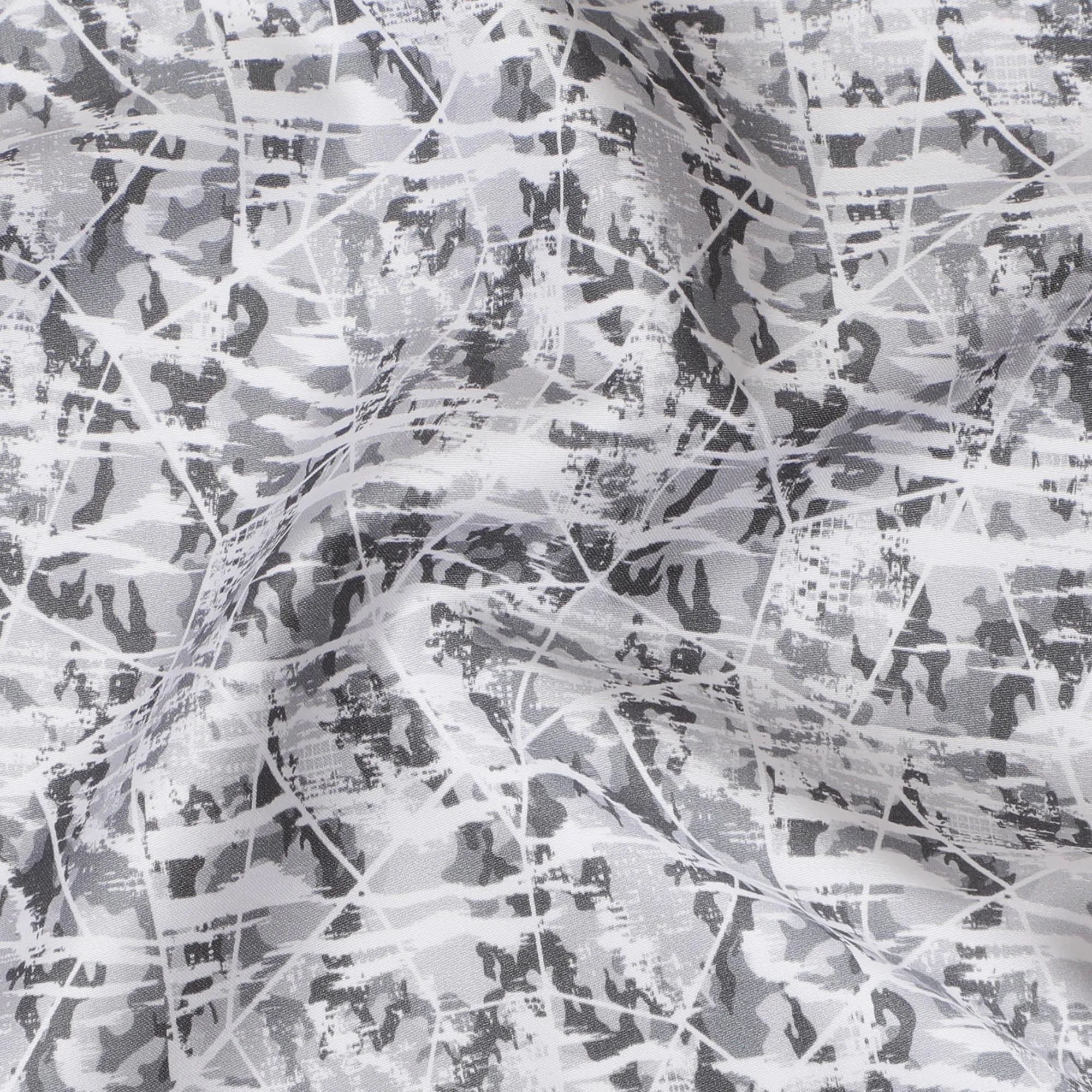 Modern White Cotton Shirting Fabric with Black Abstract Print, Satin Finish, 150 cm Wide-D19190