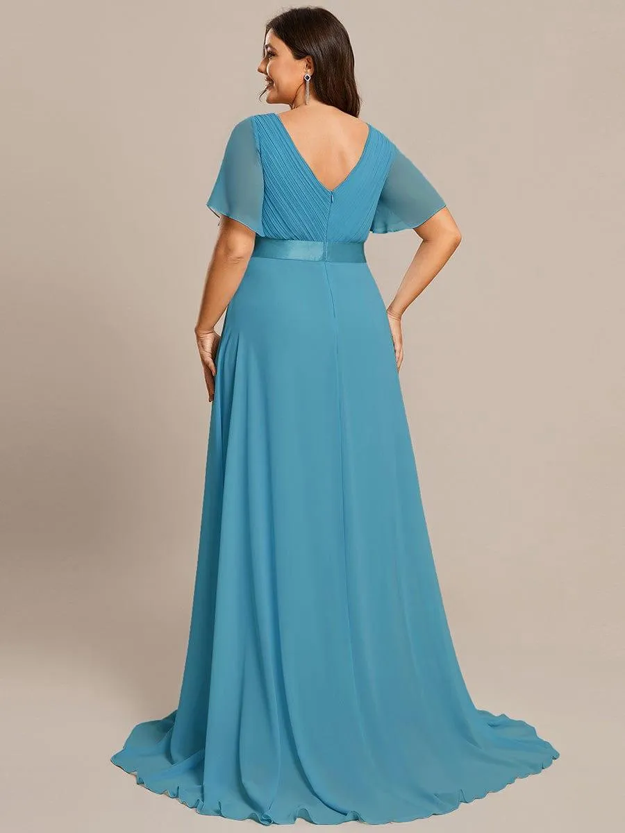 Monica | Long Empire Waist Bridesmaid Dress with Short Flutter Sleeves