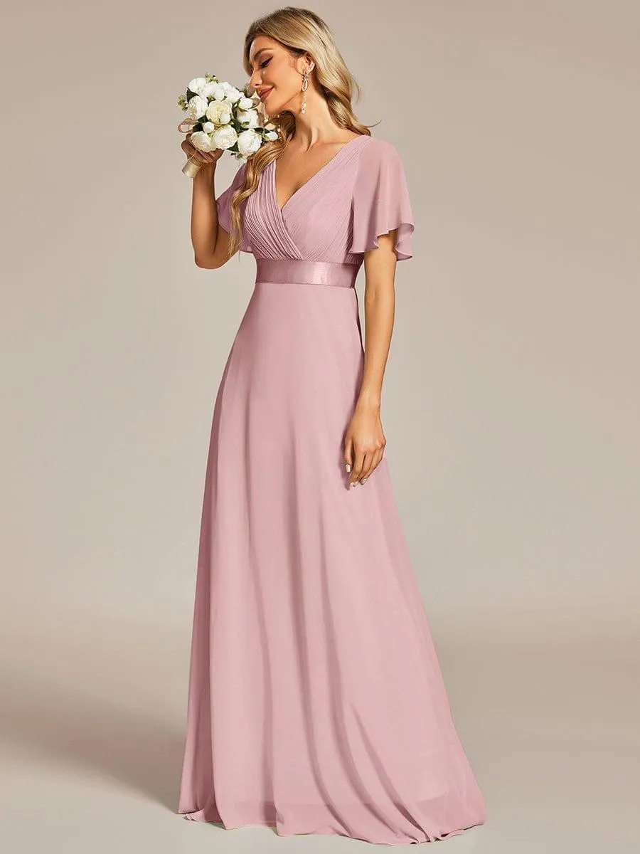 Monica | Long Empire Waist Bridesmaid Dress with Short Flutter Sleeves