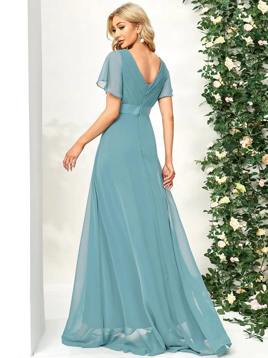 Monica | Long Empire Waist Bridesmaid Dress with Short Flutter Sleeves