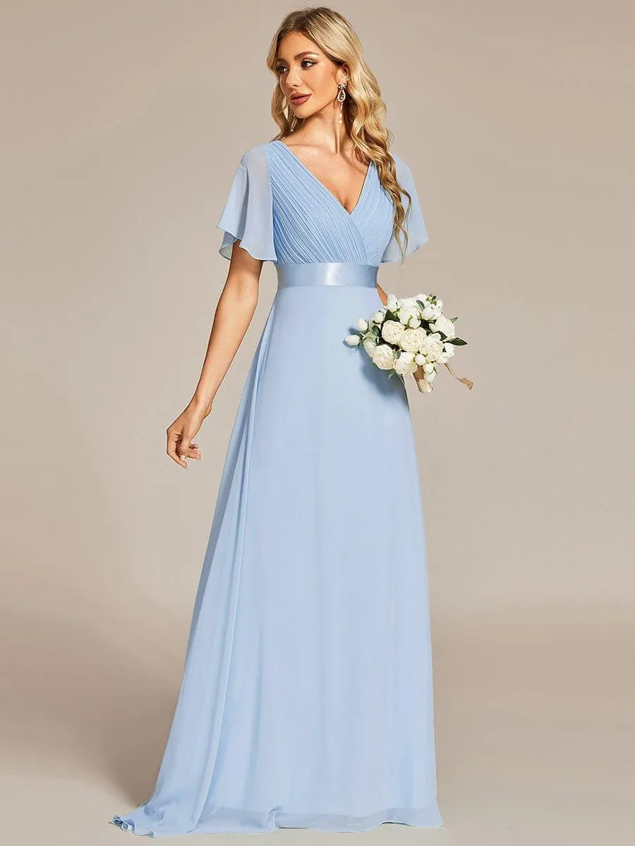 Monica | Long Empire Waist Bridesmaid Dress with Short Flutter Sleeves