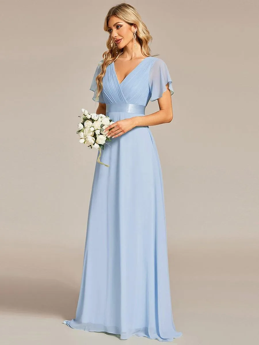 Monica | Long Empire Waist Bridesmaid Dress with Short Flutter Sleeves