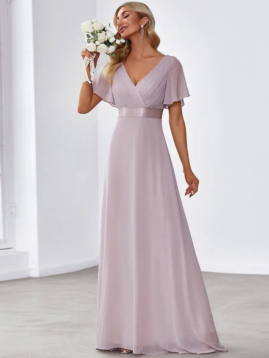 Monica | Long Empire Waist Bridesmaid Dress with Short Flutter Sleeves