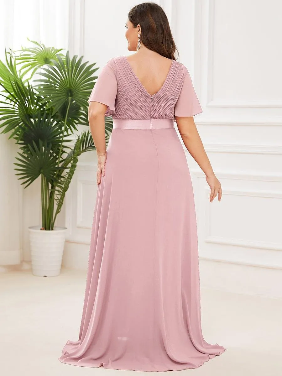 Monica | Long Empire Waist Bridesmaid Dress with Short Flutter Sleeves