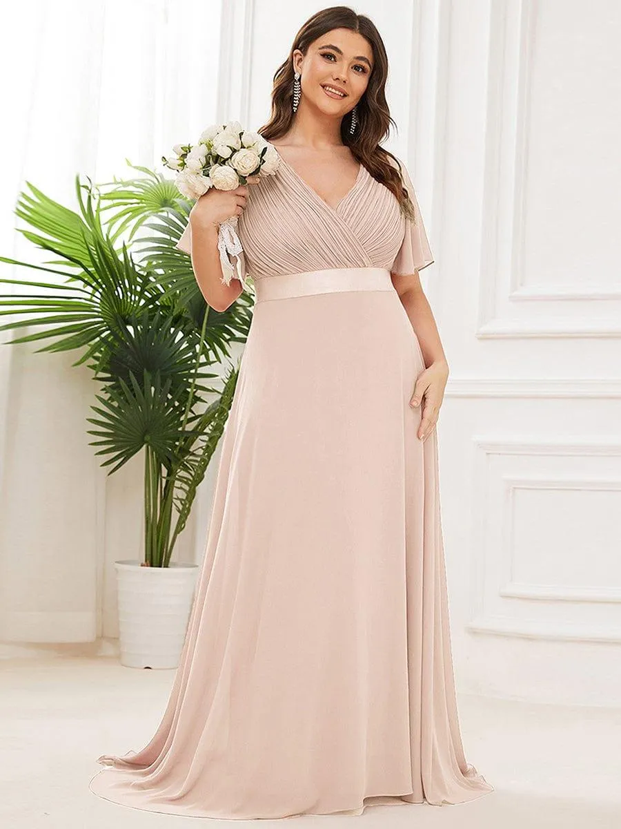 Monica | Long Empire Waist Bridesmaid Dress with Short Flutter Sleeves