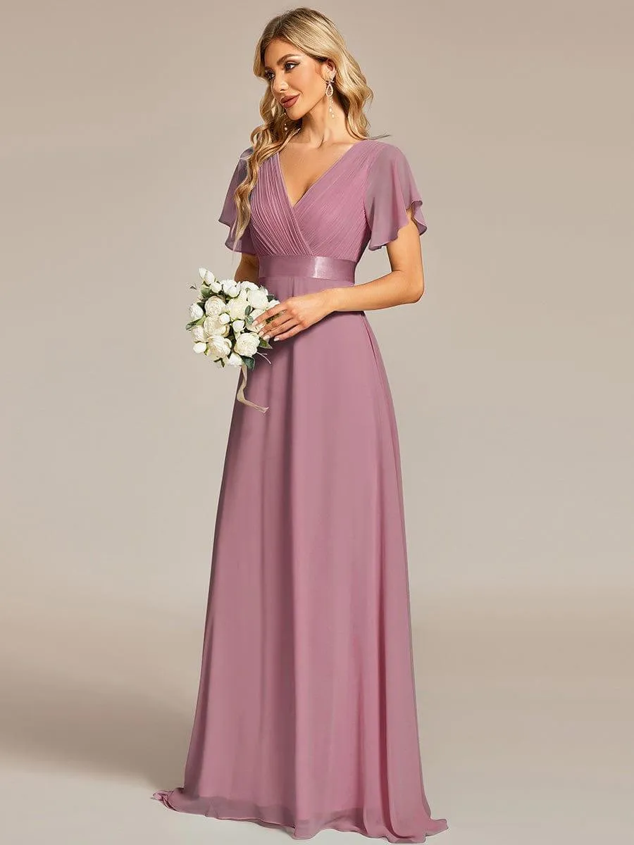 Monica | Long Empire Waist Bridesmaid Dress with Short Flutter Sleeves