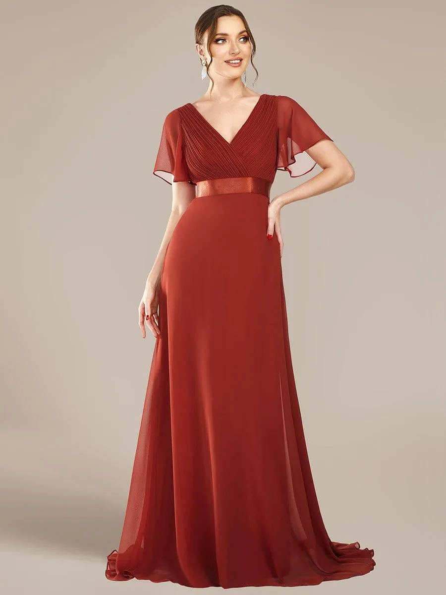 Monica | Long Empire Waist Bridesmaid Dress with Short Flutter Sleeves