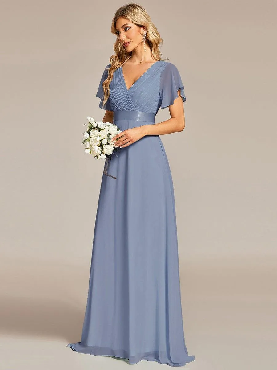 Monica | Long Empire Waist Bridesmaid Dress with Short Flutter Sleeves