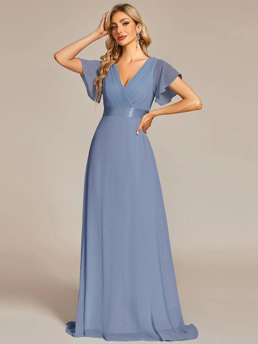 Monica | Long Empire Waist Bridesmaid Dress with Short Flutter Sleeves