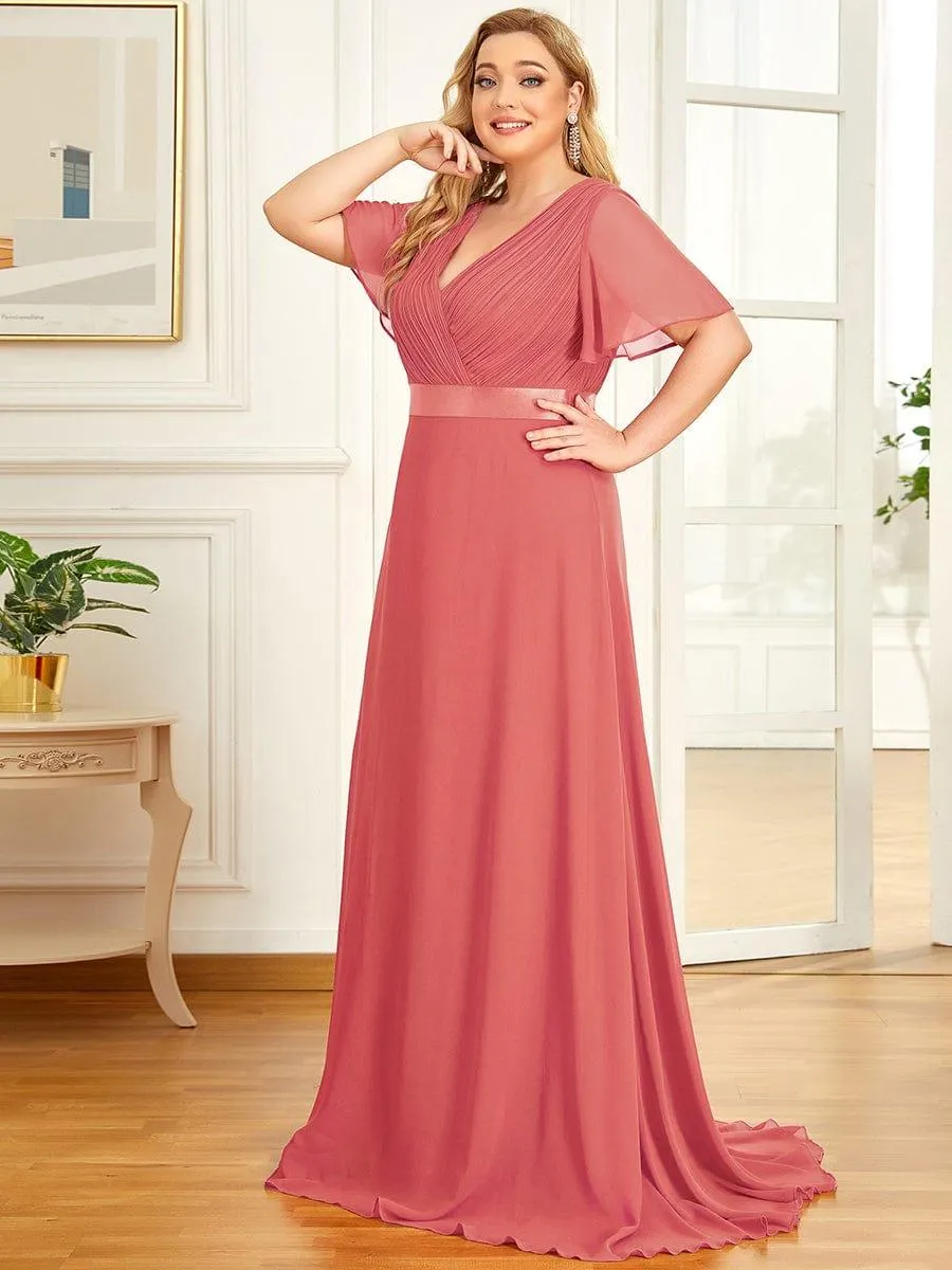 Monica | Long Empire Waist Bridesmaid Dress with Short Flutter Sleeves