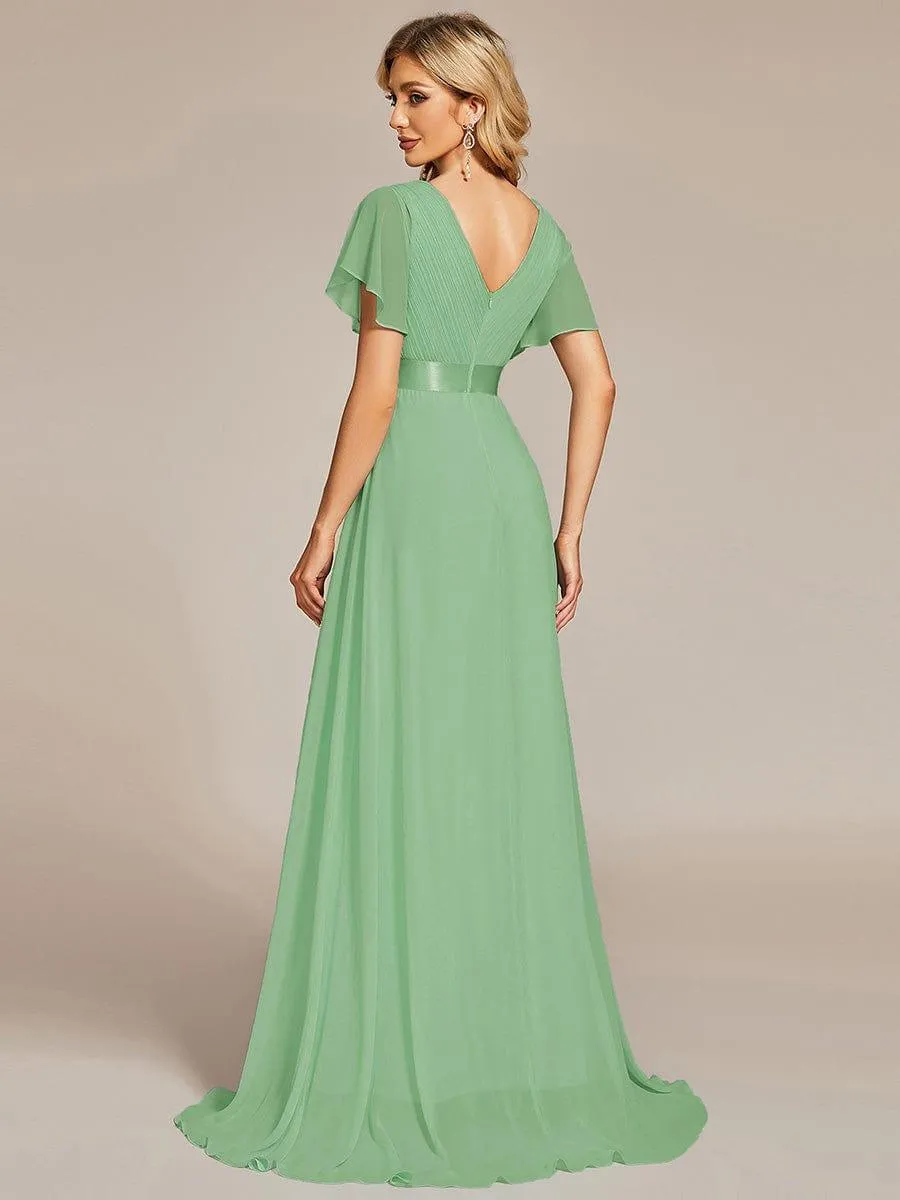 Monica | Long Empire Waist Bridesmaid Dress with Short Flutter Sleeves