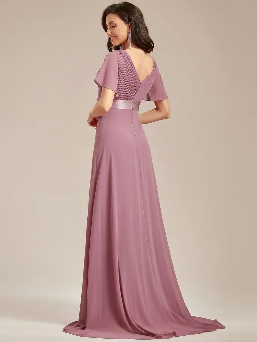 Monica | Long Empire Waist Bridesmaid Dress with Short Flutter Sleeves