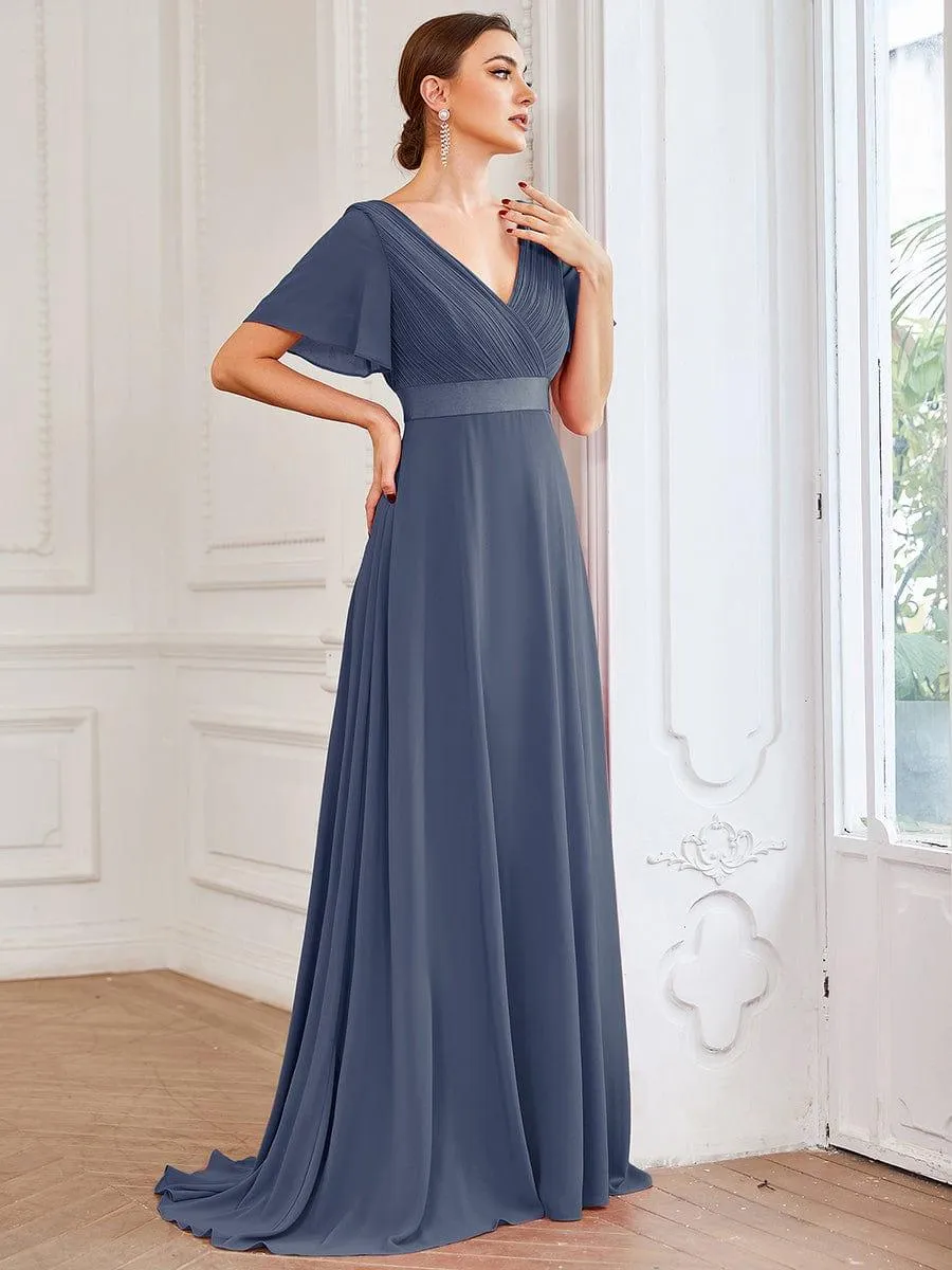 Monica | Long Empire Waist Bridesmaid Dress with Short Flutter Sleeves