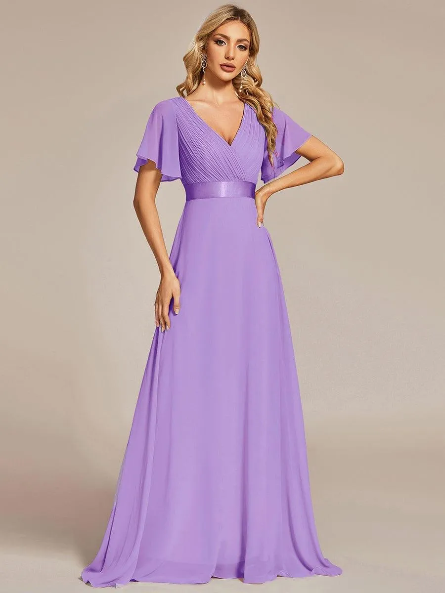 Monica | Long Empire Waist Bridesmaid Dress with Short Flutter Sleeves