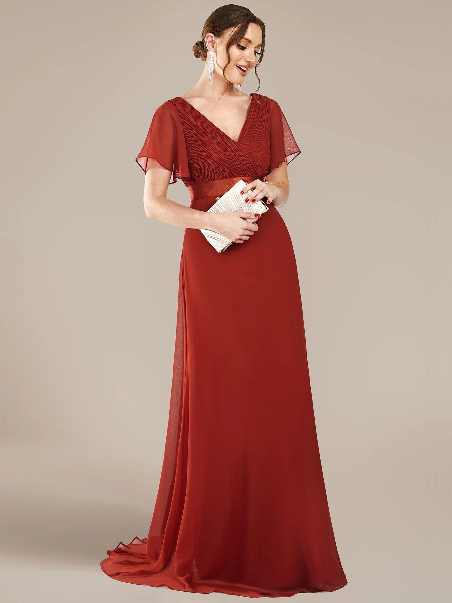 Monica | Long Empire Waist Bridesmaid Dress with Short Flutter Sleeves