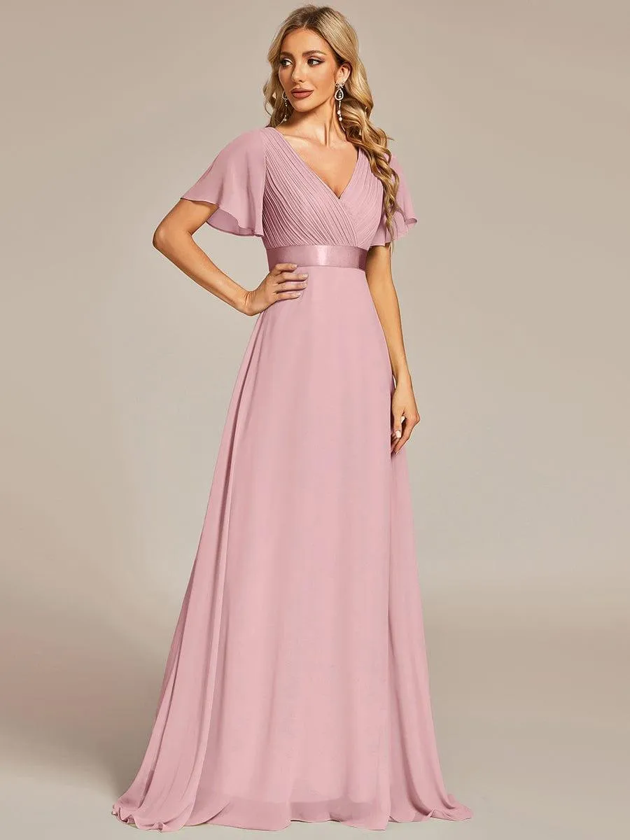 Monica | Long Empire Waist Bridesmaid Dress with Short Flutter Sleeves