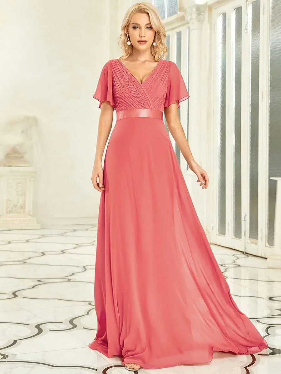 Monica | Long Empire Waist Bridesmaid Dress with Short Flutter Sleeves