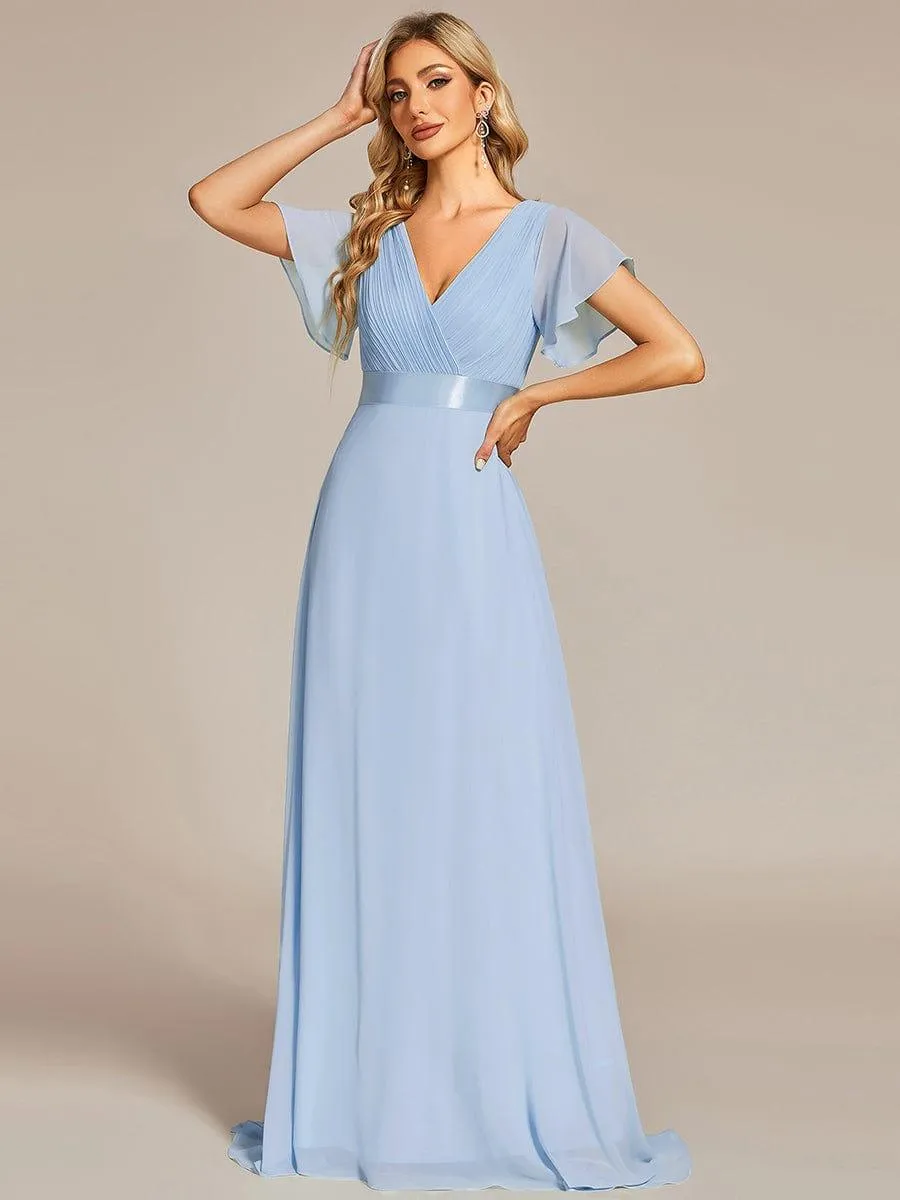 Monica | Long Empire Waist Bridesmaid Dress with Short Flutter Sleeves