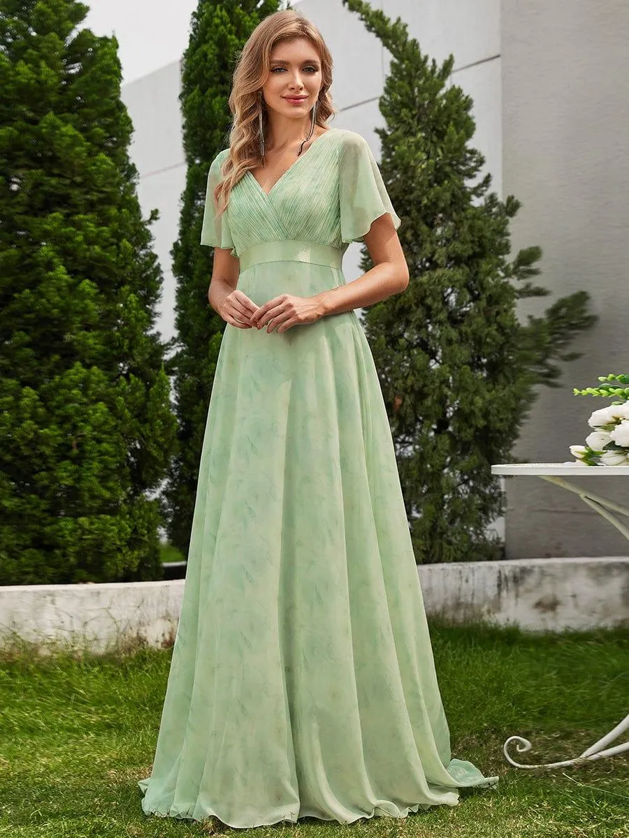 Monica | Long Empire Waist Bridesmaid Dress with Short Flutter Sleeves