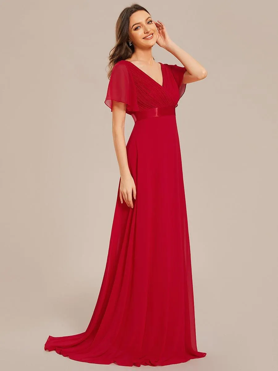 Monica | Long Empire Waist Bridesmaid Dress with Short Flutter Sleeves