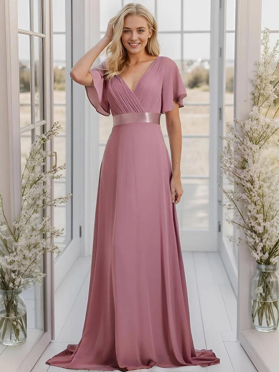 Monica | Long Empire Waist Bridesmaid Dress with Short Flutter Sleeves