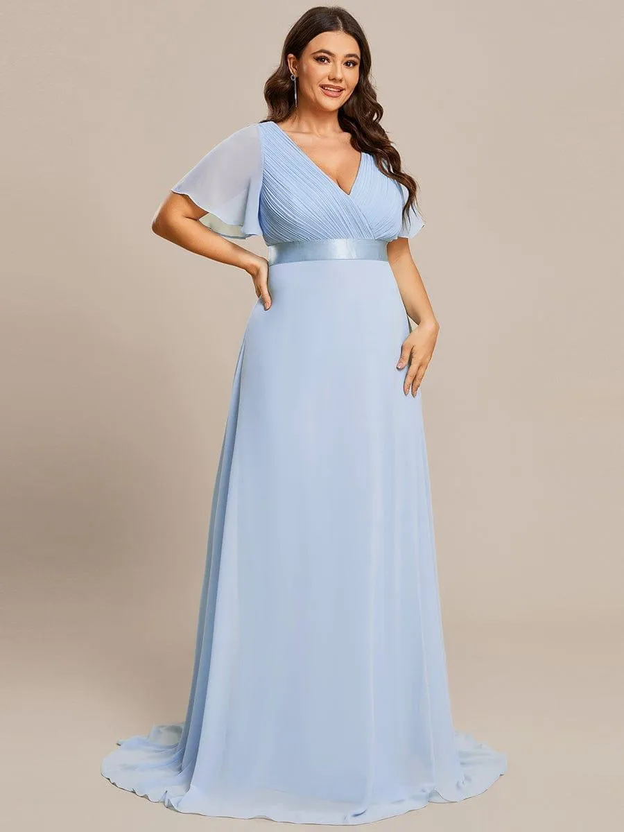 Monica | Long Empire Waist Bridesmaid Dress with Short Flutter Sleeves