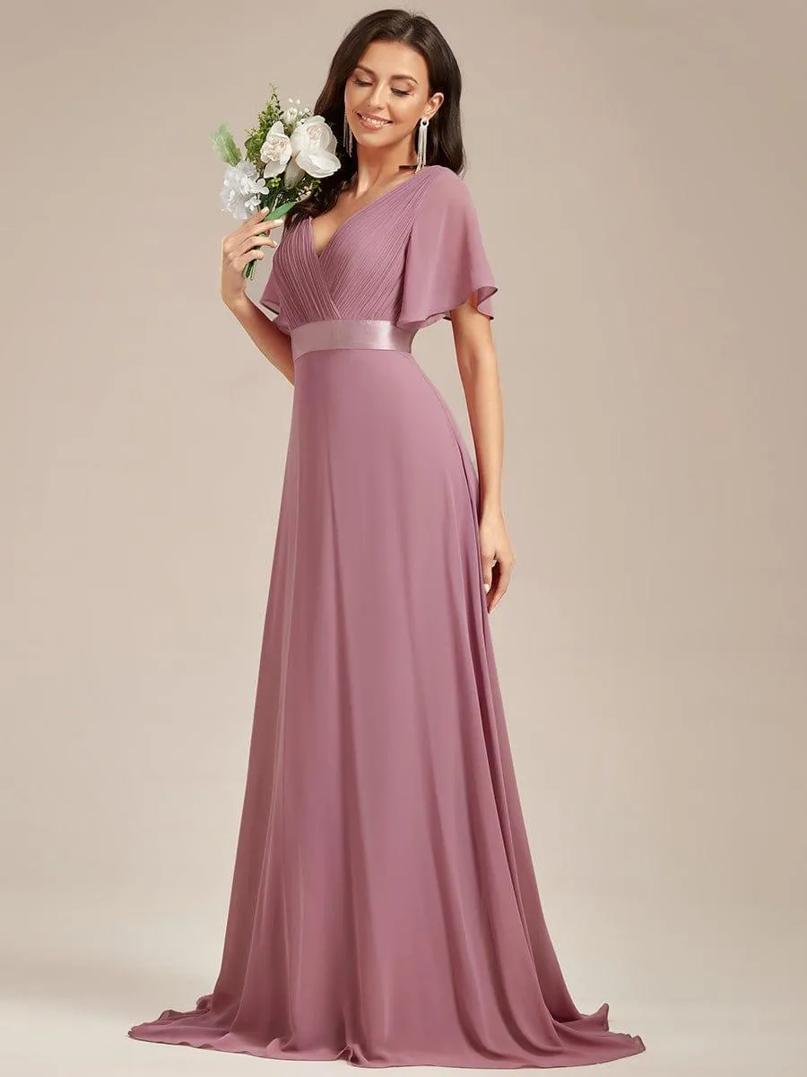 Monica | Long Empire Waist Bridesmaid Dress with Short Flutter Sleeves