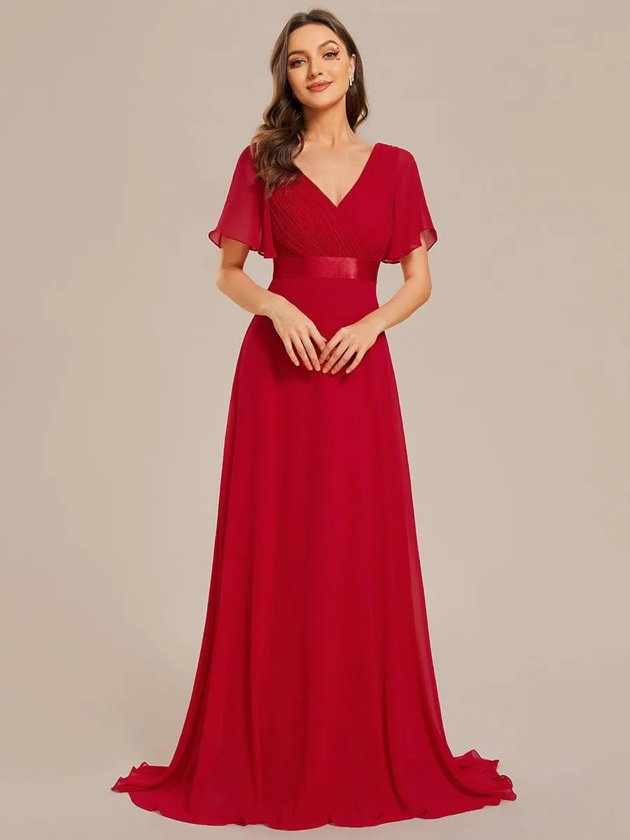 Monica | Long Empire Waist Bridesmaid Dress with Short Flutter Sleeves