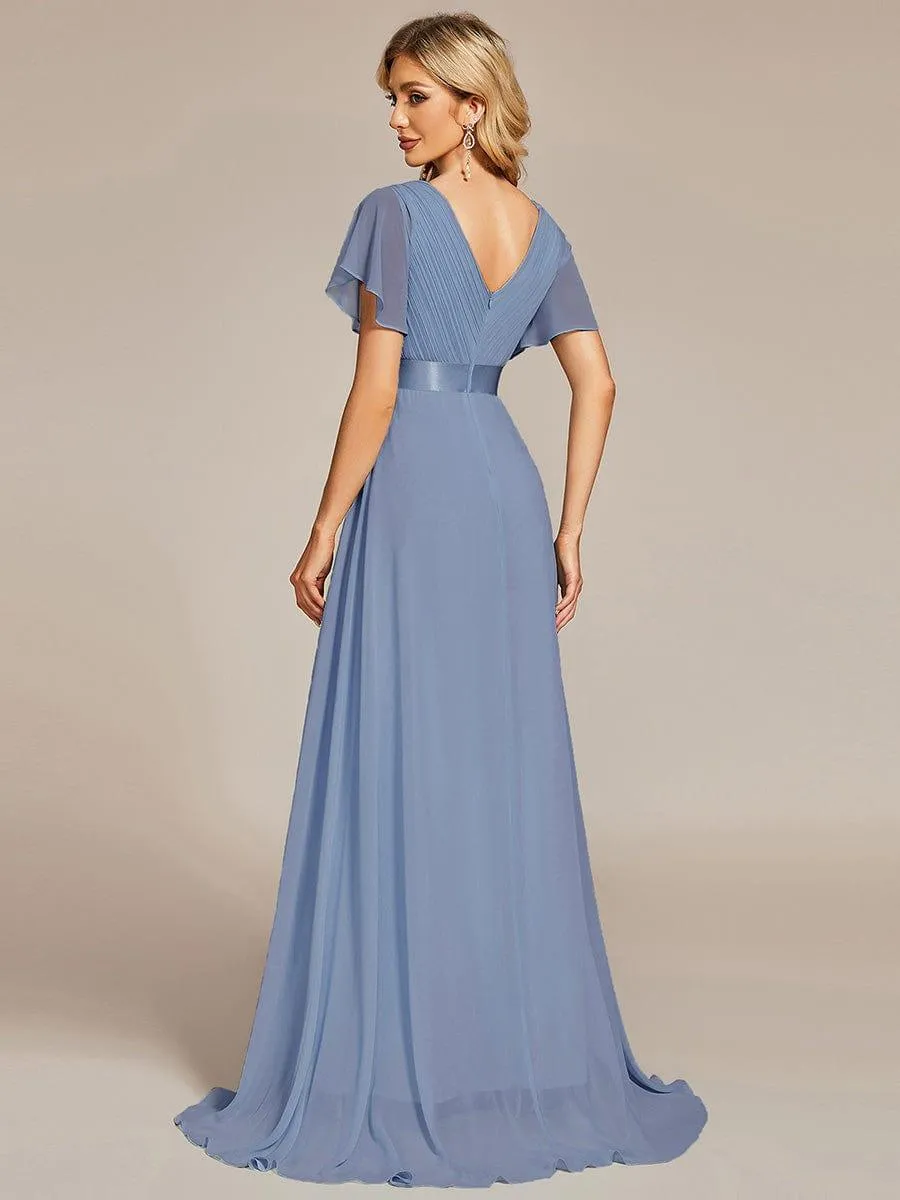 Monica | Long Empire Waist Bridesmaid Dress with Short Flutter Sleeves