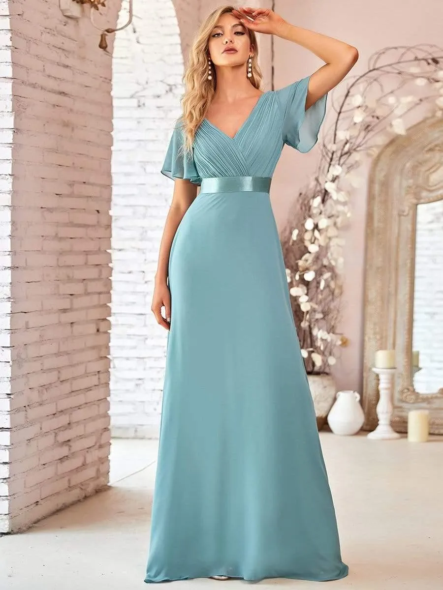 Monica | Long Empire Waist Bridesmaid Dress with Short Flutter Sleeves