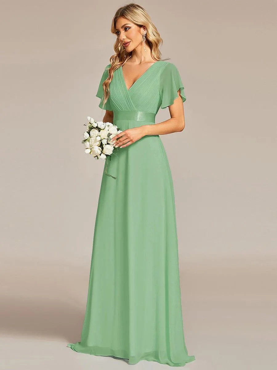 Monica | Long Empire Waist Bridesmaid Dress with Short Flutter Sleeves