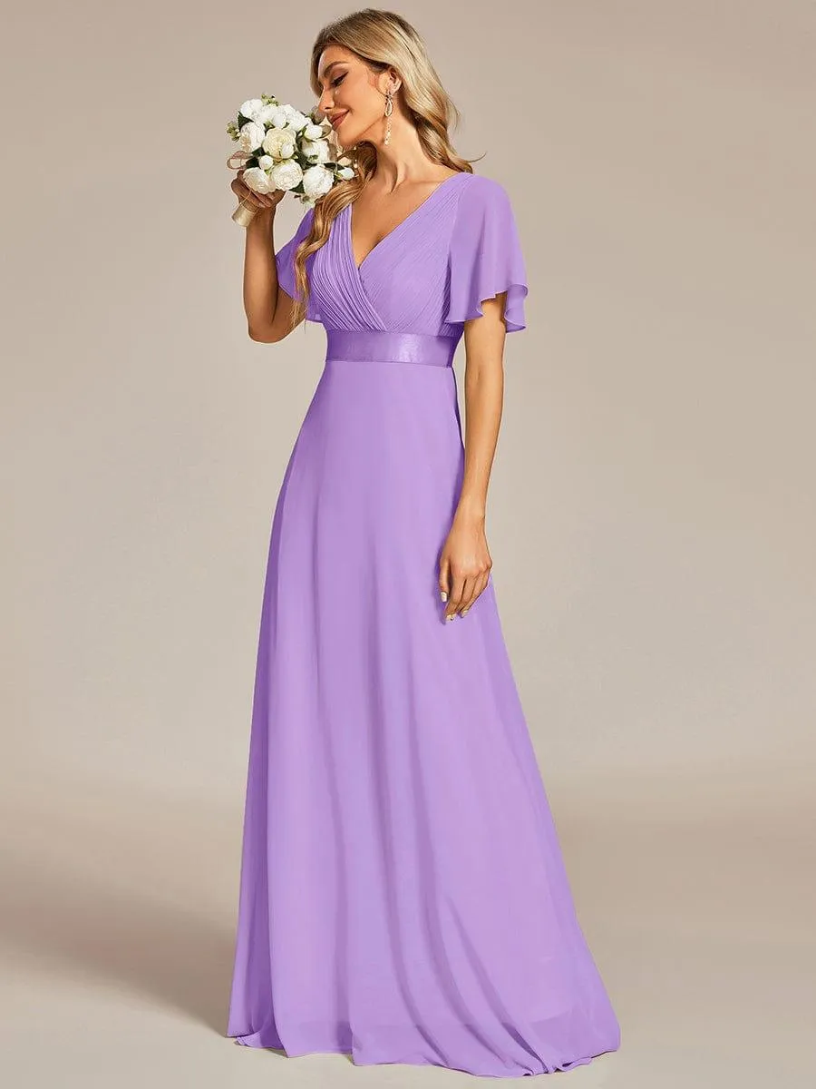 Monica | Long Empire Waist Bridesmaid Dress with Short Flutter Sleeves