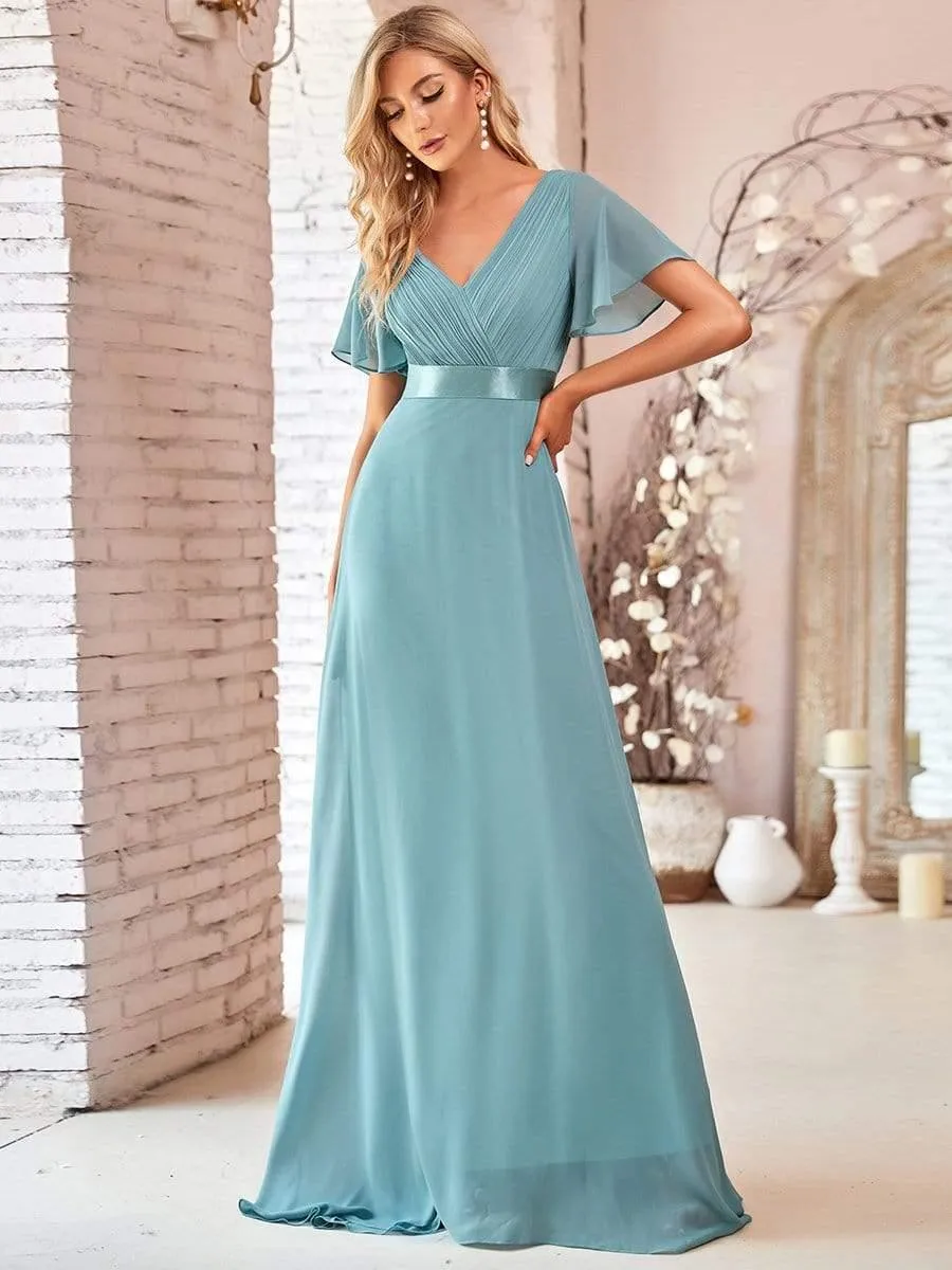 Monica | Long Empire Waist Bridesmaid Dress with Short Flutter Sleeves