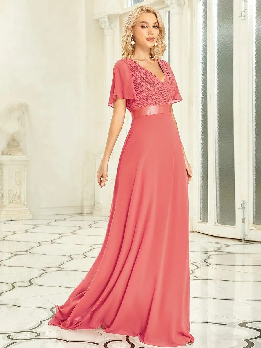 Monica | Long Empire Waist Bridesmaid Dress with Short Flutter Sleeves