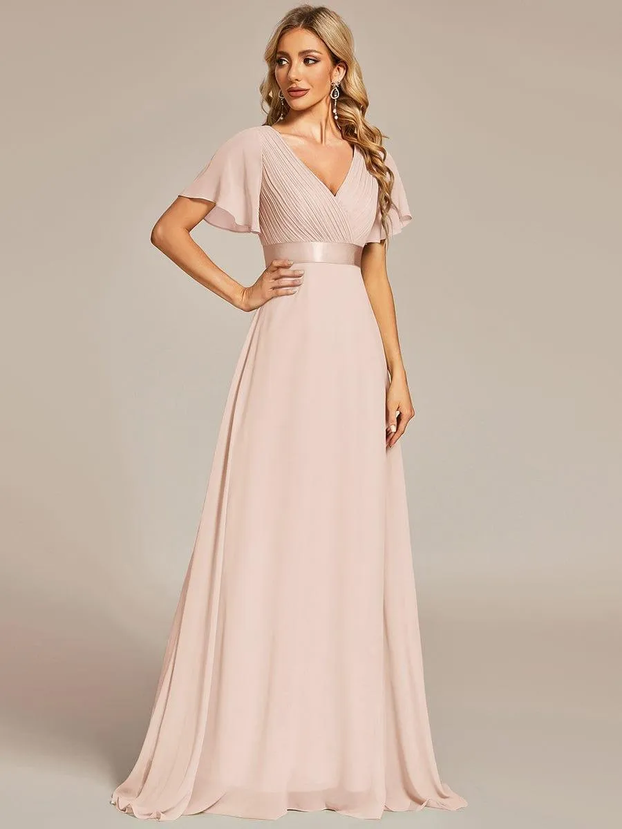 Monica | Long Empire Waist Bridesmaid Dress with Short Flutter Sleeves