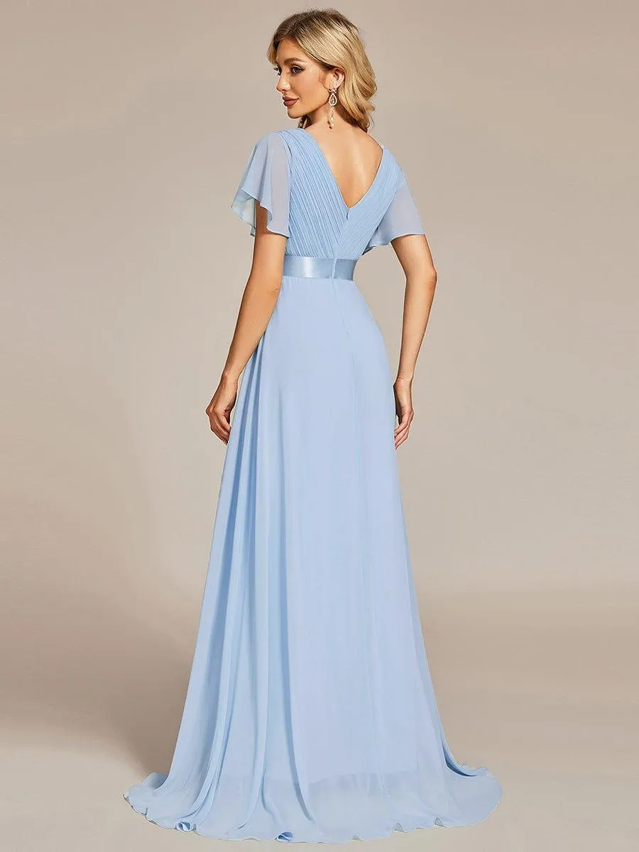 Monica | Long Empire Waist Bridesmaid Dress with Short Flutter Sleeves