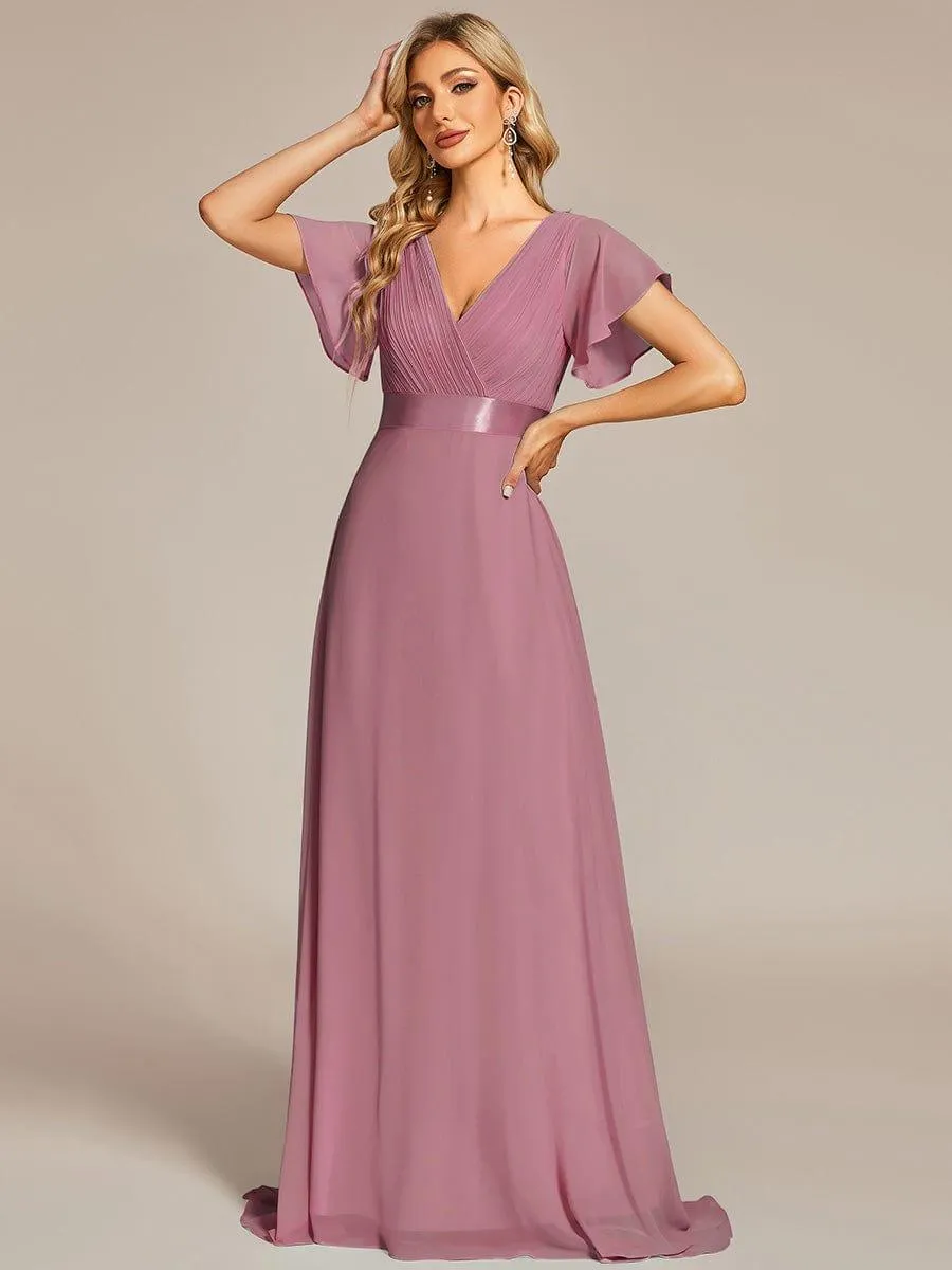 Monica | Long Empire Waist Bridesmaid Dress with Short Flutter Sleeves