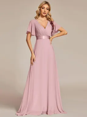 Monica | Long Empire Waist Bridesmaid Dress with Short Flutter Sleeves