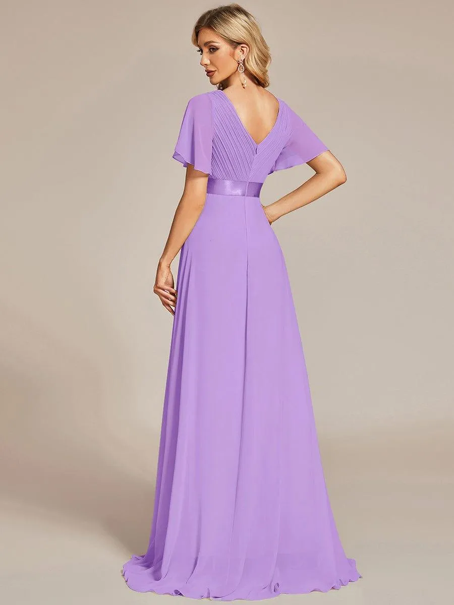 Monica | Long Empire Waist Bridesmaid Dress with Short Flutter Sleeves