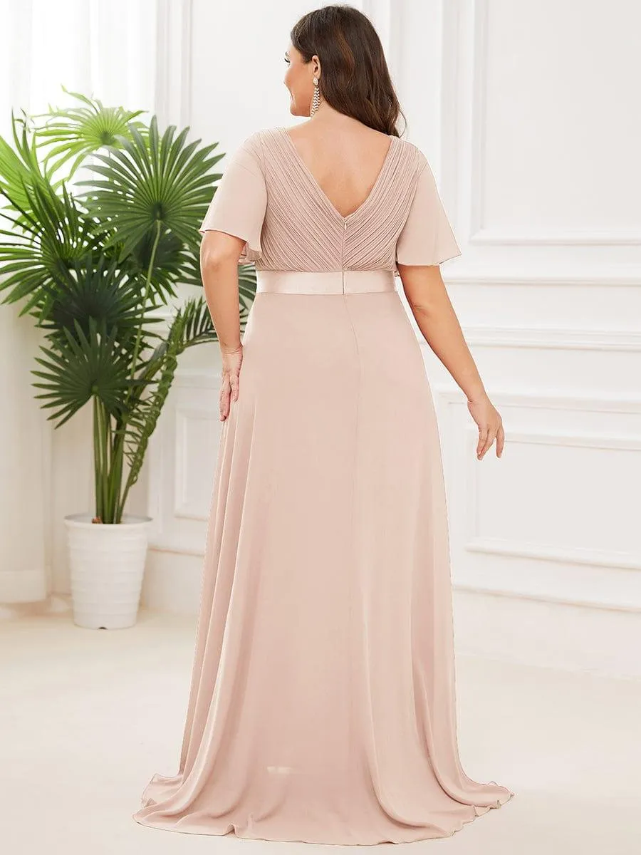 Monica | Long Empire Waist Bridesmaid Dress with Short Flutter Sleeves